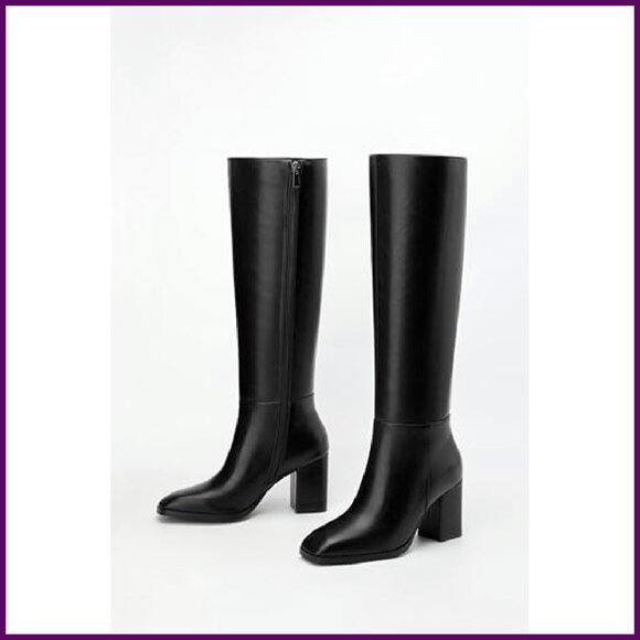 Knee High Boots Chunky Heel Square Toe 3 Inch Side Zipper Tall Boots - Picture 7 of 7